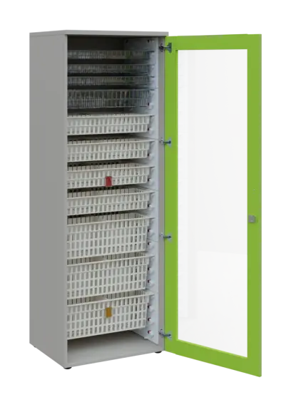 EUROMEDICA S - 66 skříň léková boxová, 1-dveřová/prosklená, pravá, 1950x660x535, korpus šedý, dvířka jarní zeleň